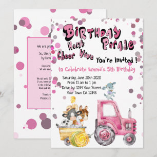 Pink Drive By Birthday Farm Animals Invitation