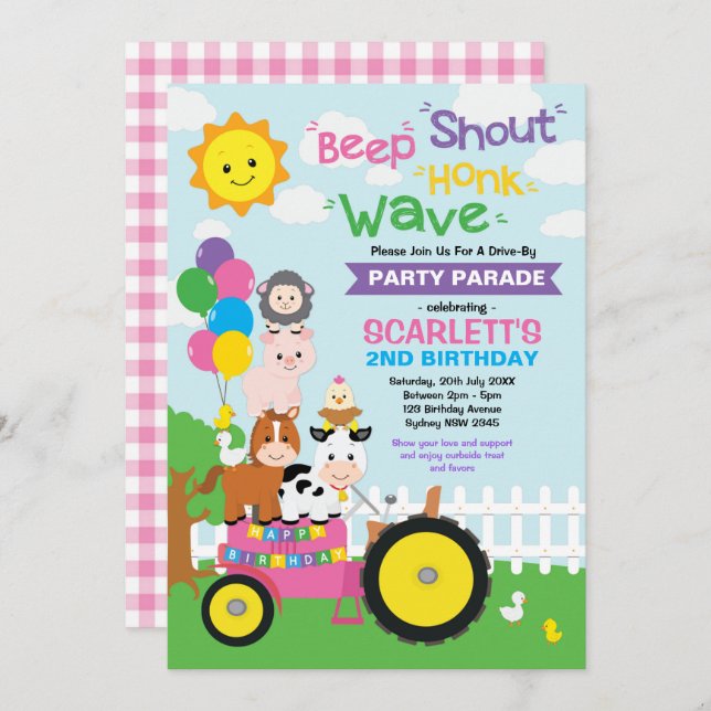 Pink Drive By Birthday Party Parade Farm Girl Invitation (Front/Back)