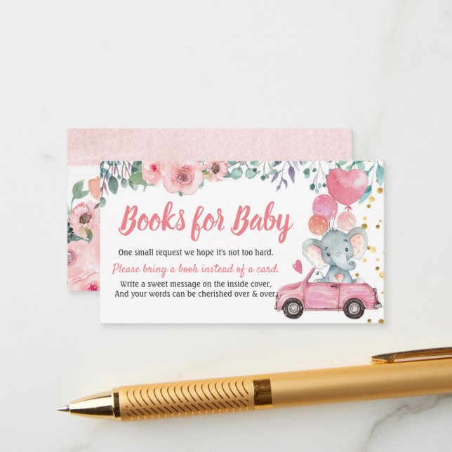 Pink Drive Through Boy Baby Shower Books For Baby Enclosure Card (Front/Back In Situ)