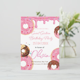 Pink drizzle doughnuts sweet sixteen birthday invitation