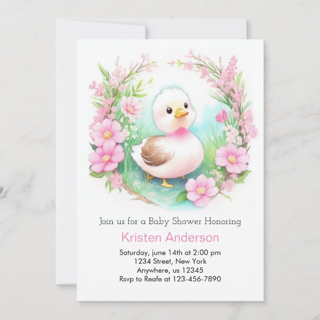 Pink Duck Enchanted Watercolor Girl Baby Shower Invitation (Front)