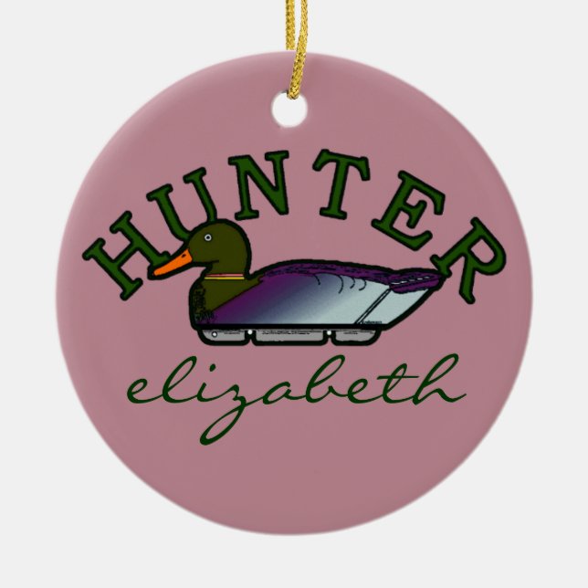 Pink Duck Hunter- Personalised Ceramic Tree Decoration (Front)