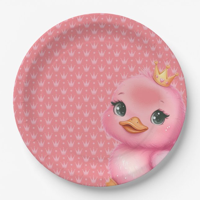 Pink Duck Wearing A Crown Paper Plate (Front)