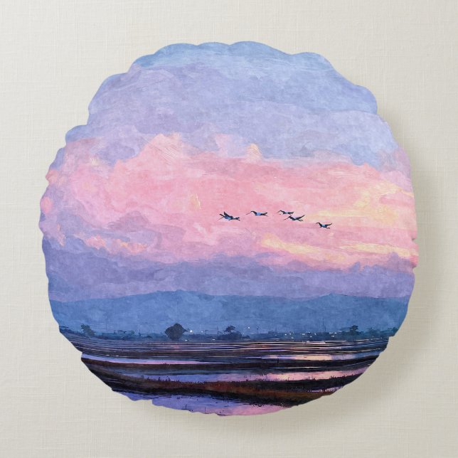 Pink Dusk Flight Watercolor Landscape Pillow (Front)