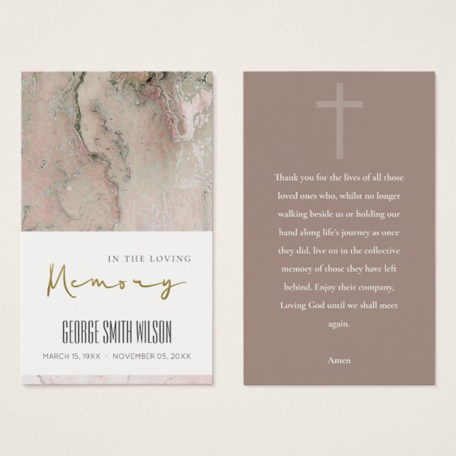 PINK DUSKY ROSE GOLD SYMPATHY MEMORIAL PRAYER CARD (Front & Back)