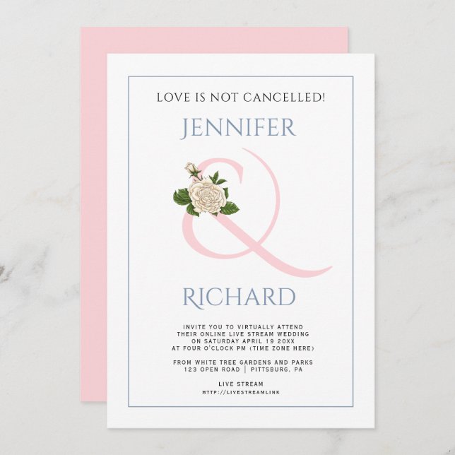 Pink dusty blue ampersand and rose virtual wedding invitation (Front/Back)