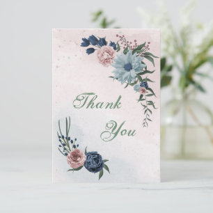 pink, dusty blue and navy blue flowers greenery thank you card