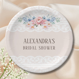 Pink Dusty Blue Floral Romantic Lace Bridal Shower Paper Plate
