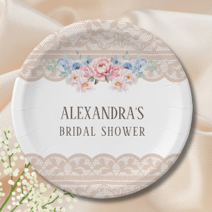 Pink Dusty Blue Floral Romantic Lace Bridal Shower Paper Plate