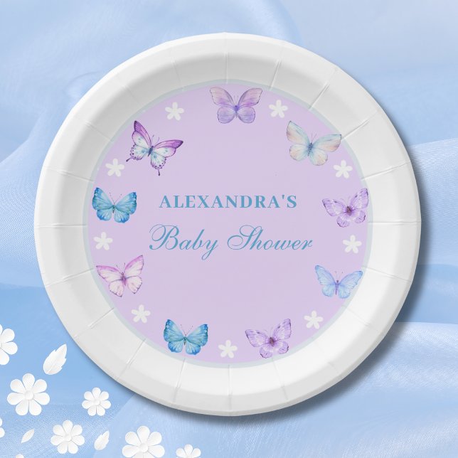 Pink Dusty Blue Purple  Butterfly Baby Shower Paper Plate (Creator Uploaded)