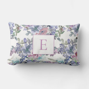 Pink Dusty Blue Purple Flowers White Monogram Lumbar Cushion