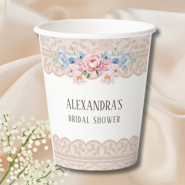 Pink Dusty Blue Romantic Floral Lace Bridal Shower Paper Cups (Creator Uploaded)