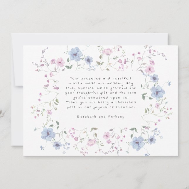Pink & Dusty Blue Watercolor Botanical Wedding  Thank You Card (Back)