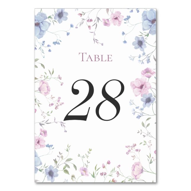 Pink & Dusty Blue Watercolor Floral Wedding Table Number (Front)