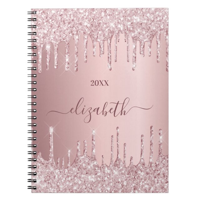Pink dusty rose glitter drips monogram notebook (Front)