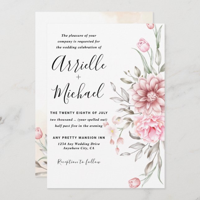 Pink Dusty Rose Greenery Wedding Invitation (Front/Back)