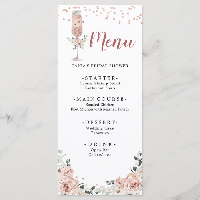 Pink Dusty Rose Petals and Prosecco Bridal Shower Menu (Front)
