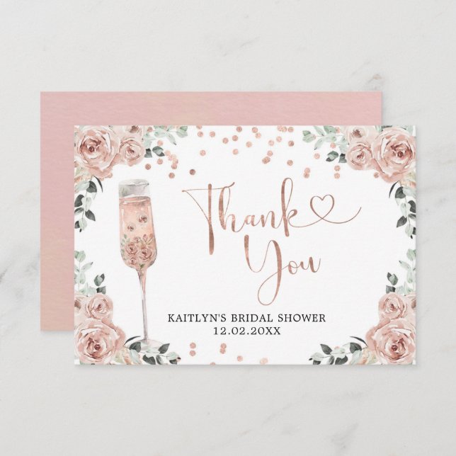 Pink Dusty Rose Petals and Prosecco Thank You Card (Front/Back)