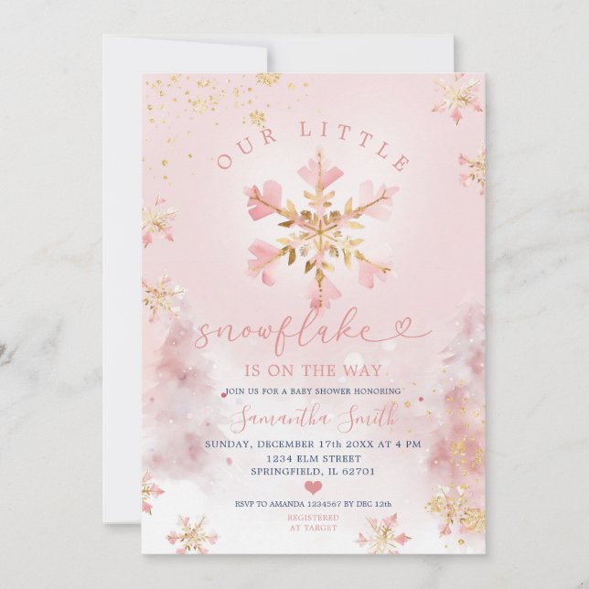 Pink Dusty Winter Little Snowflake on The Way Invitation (Front)