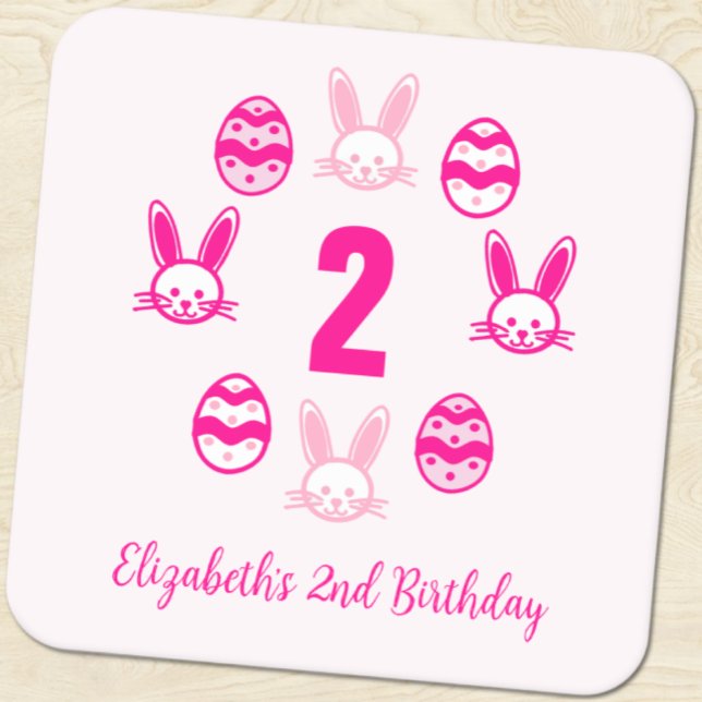 Pink Easter 2nd Birthday Square Paper Coaster (Creator Uploaded)