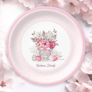 Pink Easter Brunch Family Name Flowers Paper Plate
