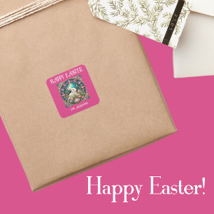 Pink Easter Bunny Art Nouveau Stained Glass Square Sticker