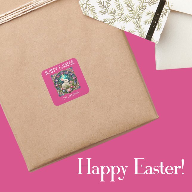 Pink Easter Bunny Art Nouveau Stained Glass  Square Sticker (Creator Uploaded)
