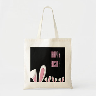 Pink Easter Bunny Ears on Blac , Happy Easter Tote Bag