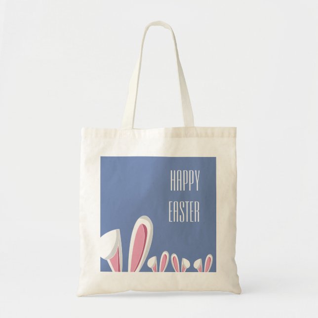 Pink Easter Bunny Ears on Blue , Happy Easter Tote Bag (Front)