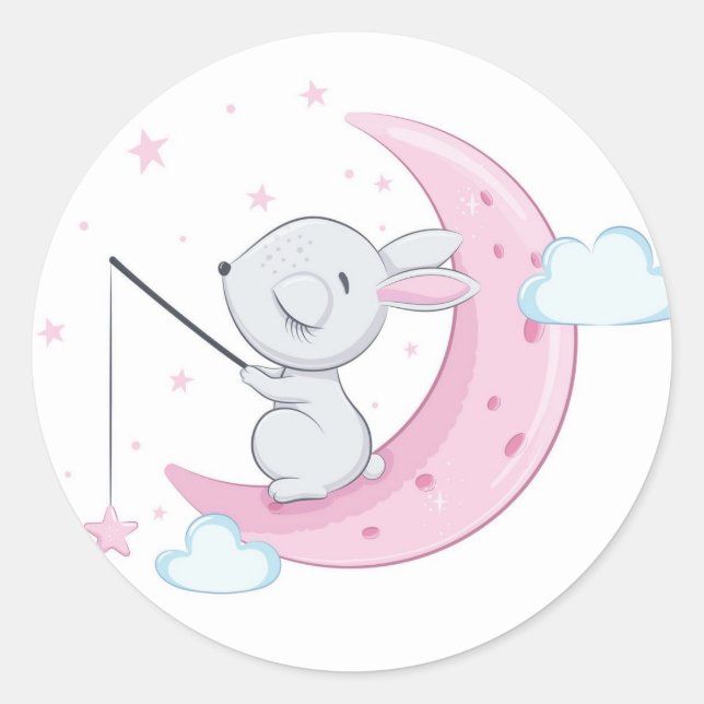 Pink Easter Bunny Over the Moon  Classic Round Sticker (Front)