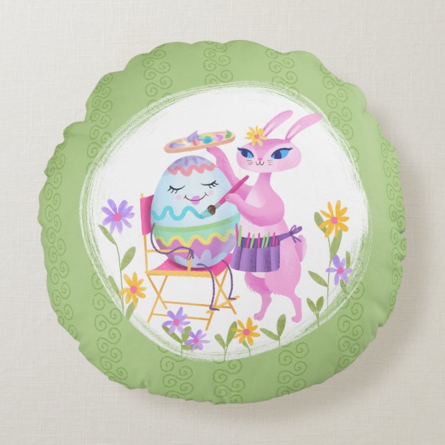 Pink Easter Bunny Rabbit and Egg | Round Cushion (Front)