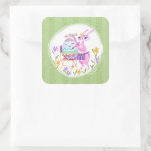 Pink Easter Bunny Rabbit and Egg Square Sticker