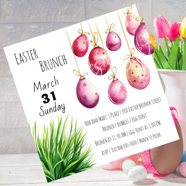 Pink Easter Eggs and a Tuft of Green Grass Invitation (Easter Brunch customizable invitations with pink easter eggs | gold and green. )