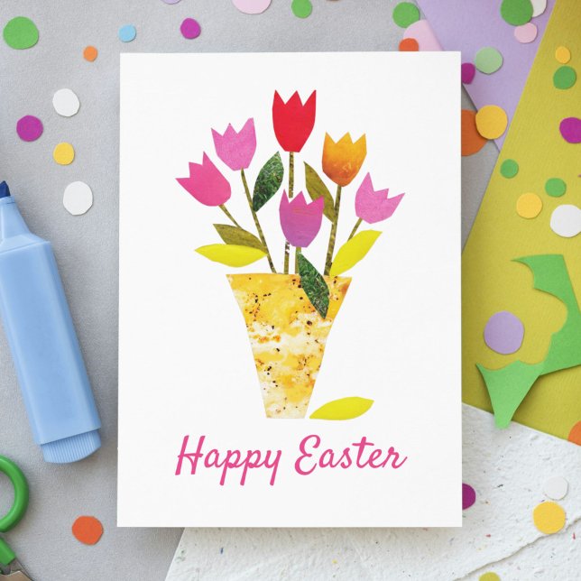 Pink Easter Tulips Original Art Floral Traditional Holiday Card (These bright colorful tulips are my own original collage art. They express my joy over Lent ending!)