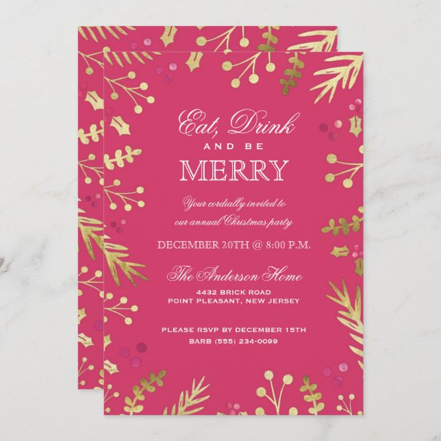Pink Eat, Drink and Be Merry Christmas Party Invitation (Front/Back)