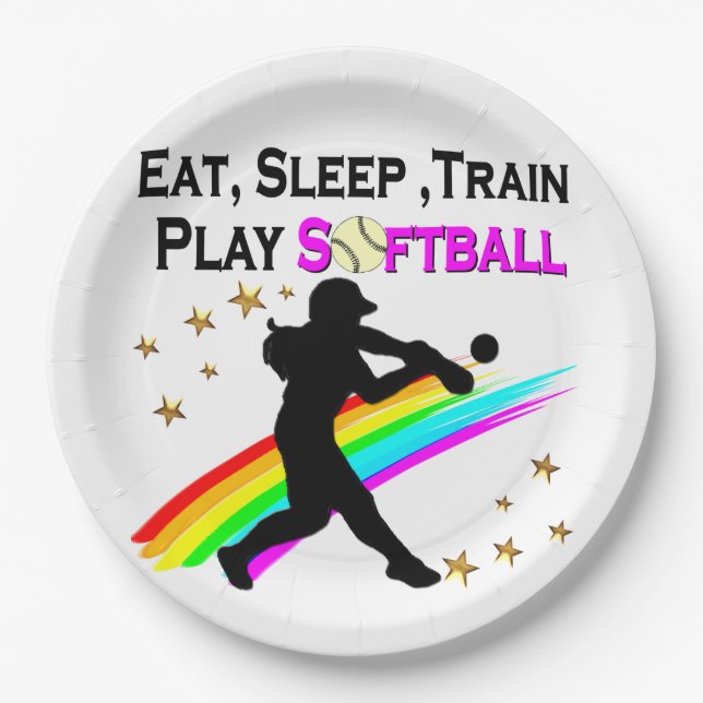 PINK EAT, SLEEP, TRAIN, PLAY SOFTBALL DESIGN PAPER PLATE (Front)