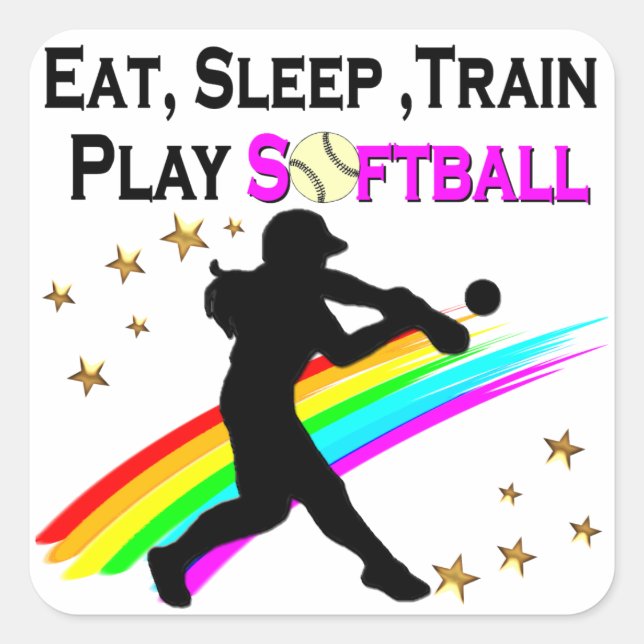 PINK EAT, SLEEP, TRAIN, PLAY SOFTBALL DESIGN SQUARE STICKER (Front)