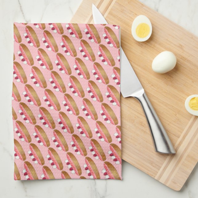 Pink Eclair French Choux Pastry Baking Patisserie  Tea Towel (Quarter Fold)