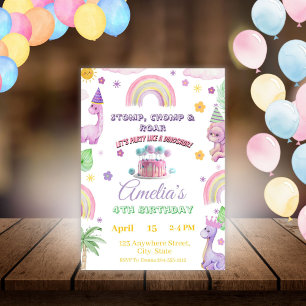 Pink Editable Dinosaur Birthday Invite Template 