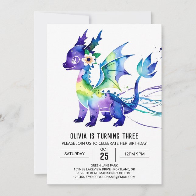 Pink Editable Dragon Digital Girl Birthday Invitation (Front)