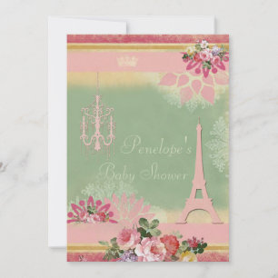 Pink Eiffel Tower and Chandelier Girl Baby Shower Invitation
