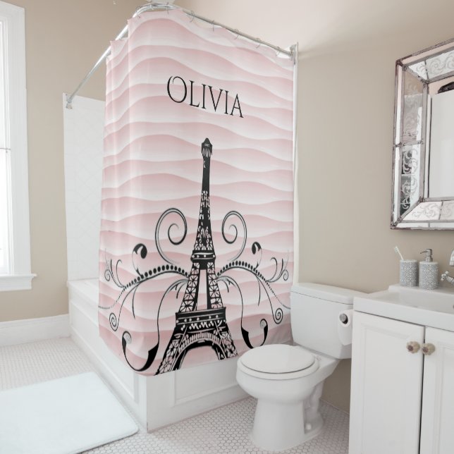 Pink Eiffel Tower Flourish Shower Curtain (In Situ)