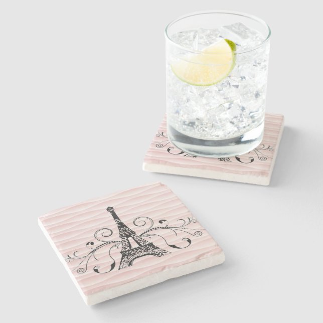 Pink Eiffel Tower Flourish Stone Coaster (Side)