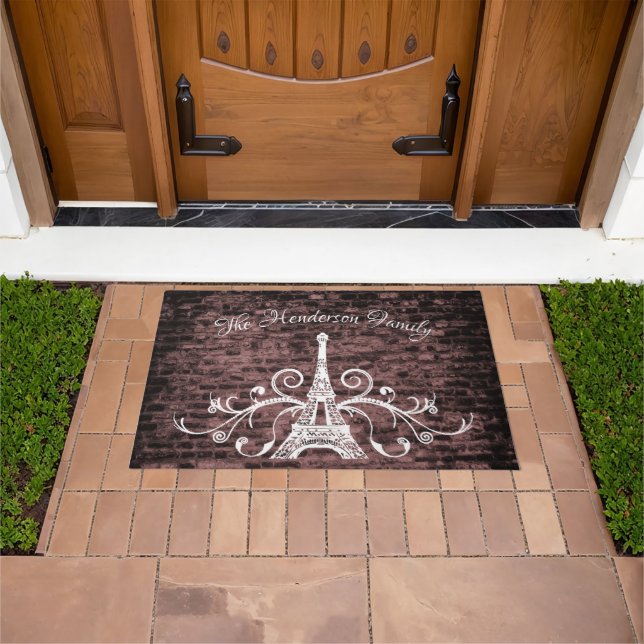 Pink Eiffel Tower Grunge Personalised Door Mat (Outdoor)