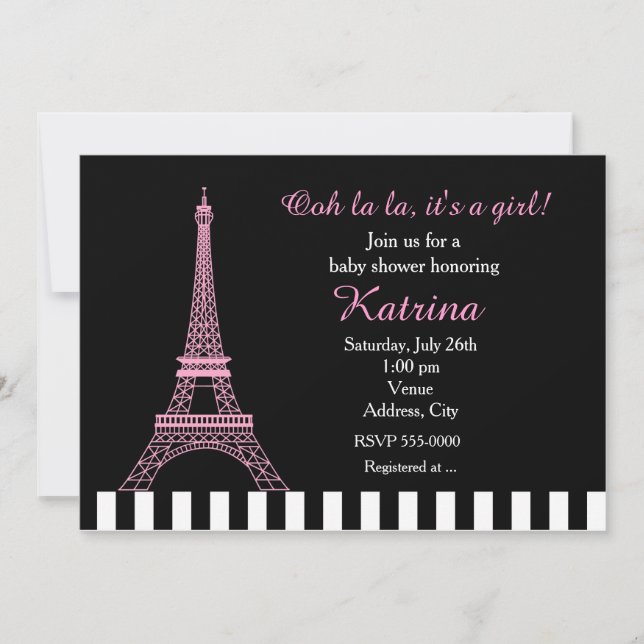 Pink Eiffel Tower Paris Black Baby Shower Invite (Front)
