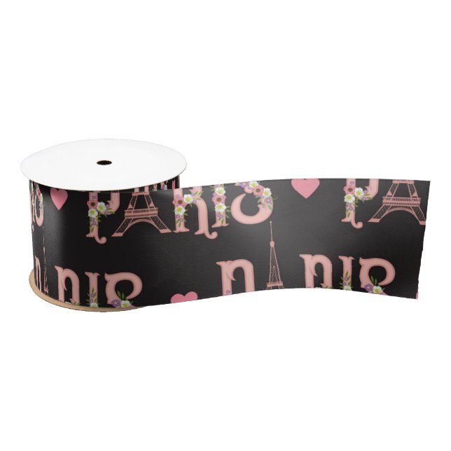 Pink Eiffel Tower Paris Flowers French Capital Satin Ribbon (Spool)