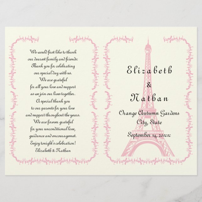 Pink Eiffel Tower Paris folded wedding program (Front)