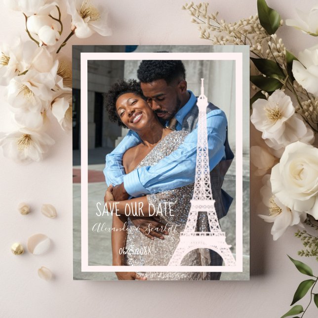 Pink Eiffel Tower Photo Save The Date Announcement (Pink Eiffel Tower Photo Save the Date)