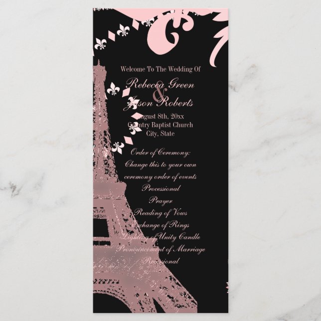 pink eiffel tower vintage paris wedding programs (Front)