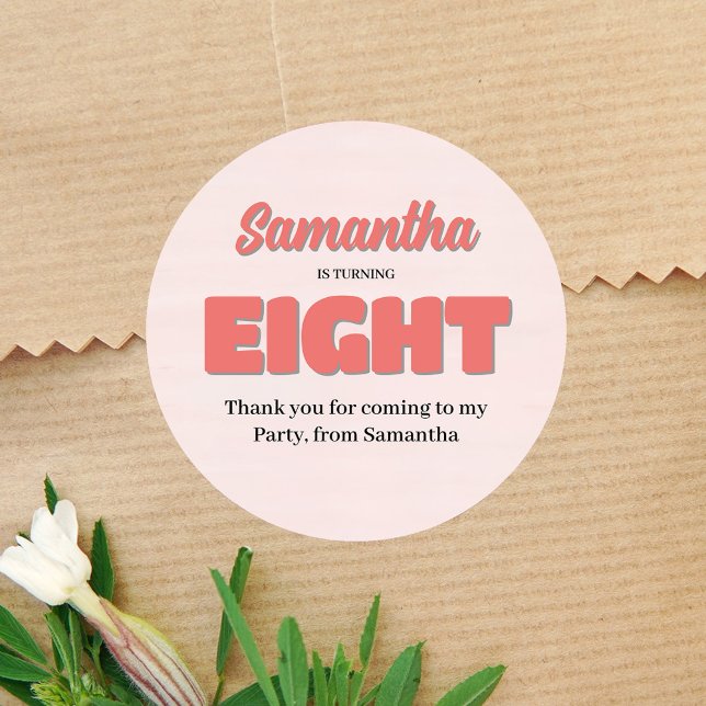 Pink Eighth Birthday Girl Party Floral Classic Round Sticker (Pink eighth birthday party sticker template. )